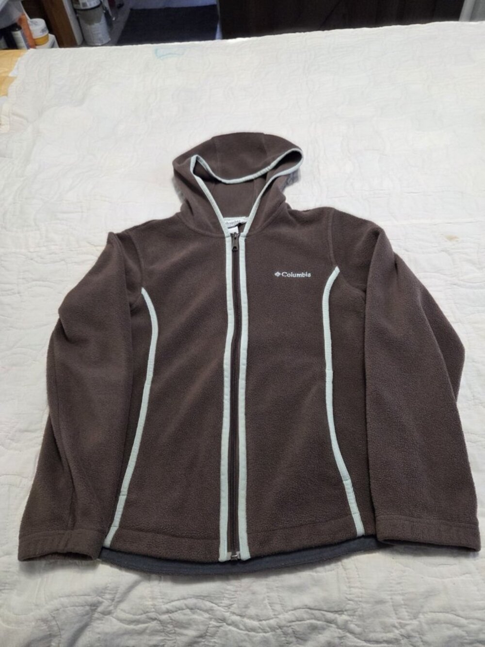 Womens Columbia Brown Fleece Green Trim Full Zip Hooded Medium